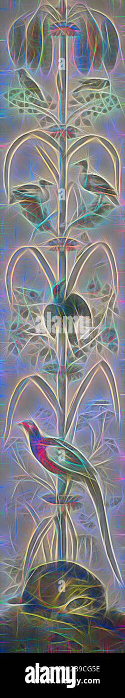 Raffigurazione decorativa con piante e animali, pittura decorativa con piante e animali. Canna stilizzata con un legame steso alla base della pianta, sui rami un uccello di paradiso (?), due anatre e altri uccelli. Uccelli, uccelli ornamentali: Uccello di paradiso, bestie di preda, animali predatori: badger, anonimo, Francia, 1760 - 1799, tela, vernice ad olio (vernice), h 218 cm × w 47 cm × t 3.5 cm × w 8 kg h 226.6 cm × w 55.6 cm × d 9.8 cm, Reimagined by Gibon, design di calore allegro di luminosità e raggi di luce radianza. Arte classica reinventata con un tocco moderno. Fotografia ispirata a futuri Foto Stock