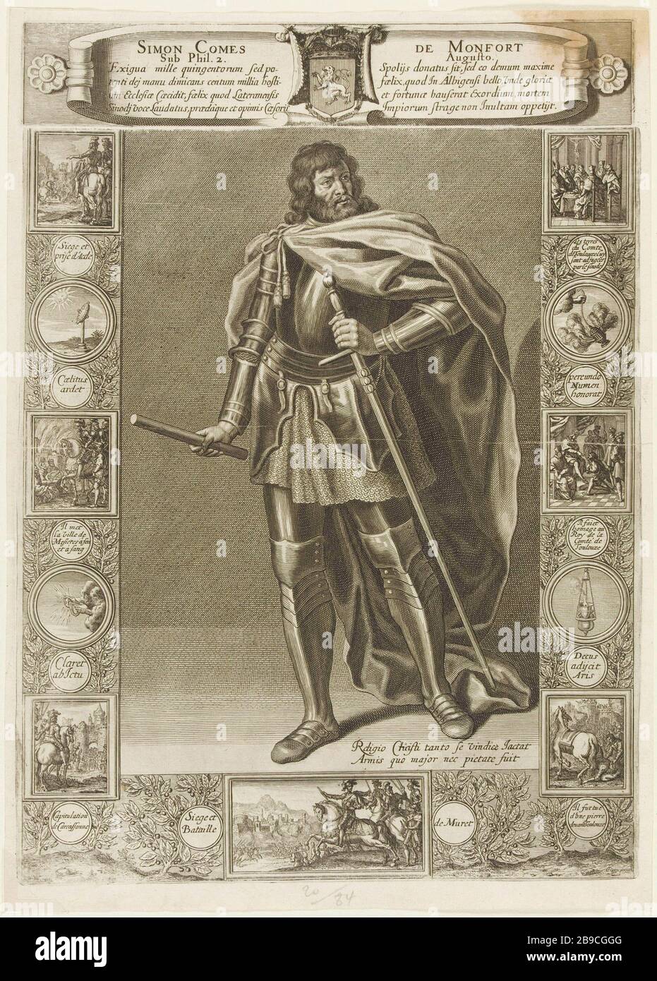 RITRATTI DI UOMINI ILLUSTRATI: SIMON DE MONTFORT François Bignon (né vers 1620) et Zacharie Heince (1611-1669). "Les ritratti d'hommes illustrres : Simon de Montfort (1150-1218)". Burin gravure. 1650. Parigi, musée Carnavalet. Foto Stock