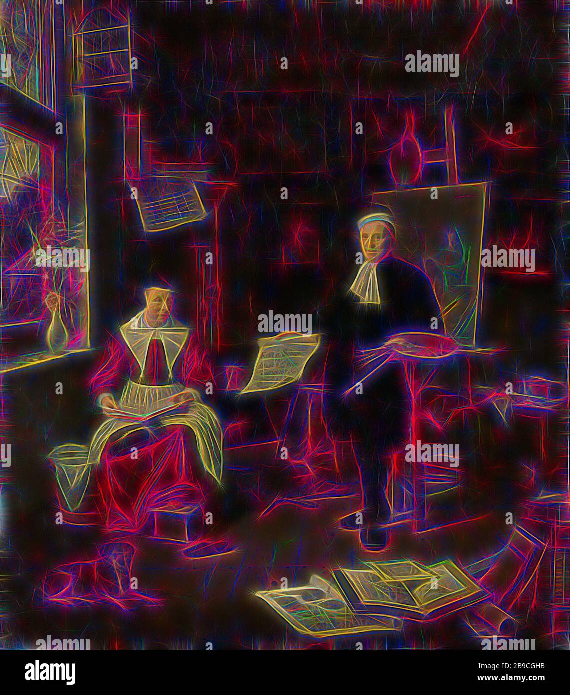 Ritratto di Michiel Comans (1614-1687), calligrapher, incisore, pittore e pedagogo, con la sua terza moglie Elisabeth van der Mersche, Ritratto di Michiel Comans. Calligrapher nel suo studio. Il pittore guarda al visualizzatore e sta con il suo ritorno alla pittura su un cavalletto. Nella mano sinistra la tavolozza e pennelli, nella mano destra un foglio di carta con un'iscrizione. Sua moglie è seduto sulla sinistra dalla finestra con un libro sul suo grembo. Un cane è sdraiato sul pavimento di fronte a lei. A destra sul terreno un album con stampe e disegni e alcune mappe distinte e libri. I dipinti sono appesi Foto Stock