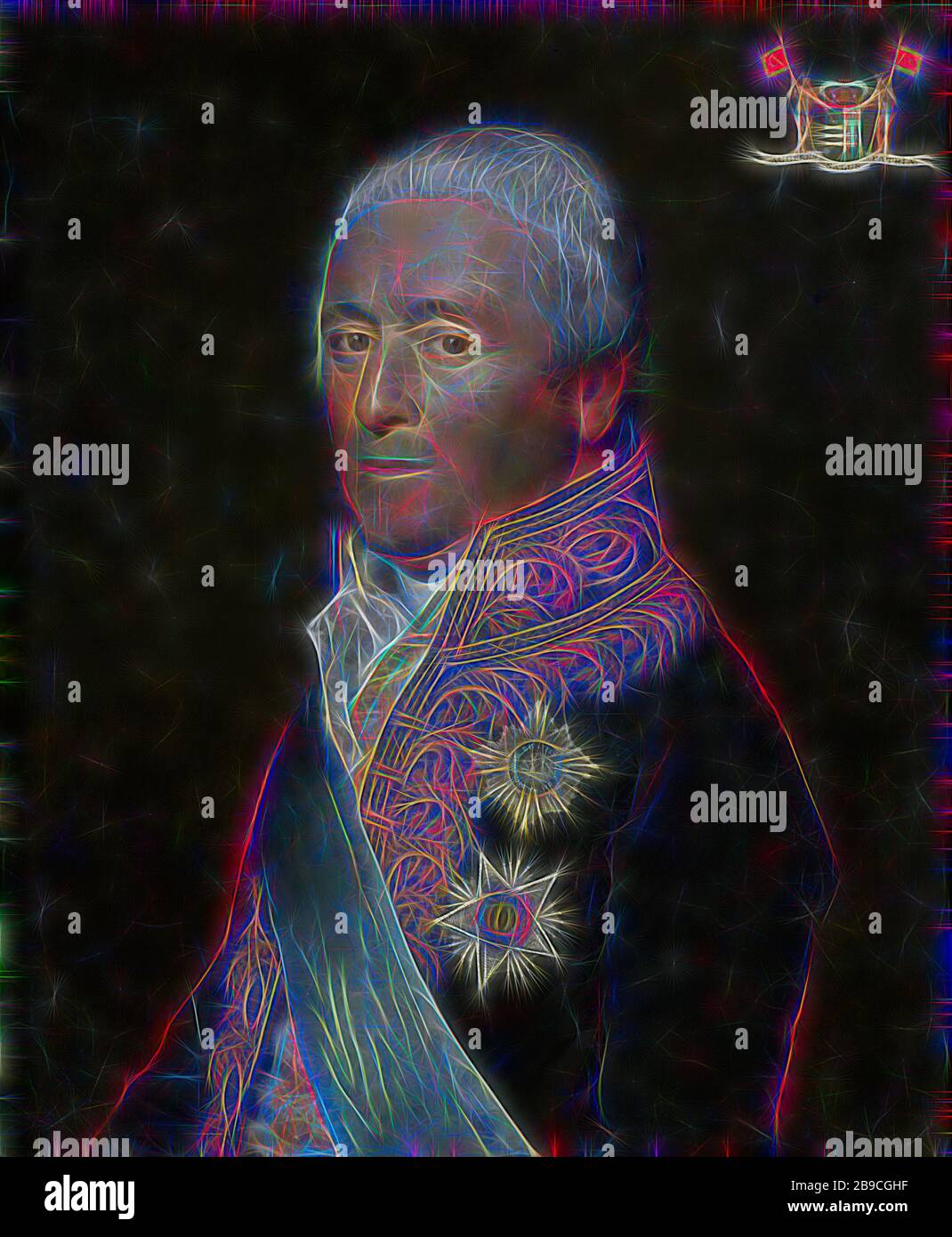 Adriaen Pieter Twent (1745-1816), il conteggio di Rosenburg, ministro delle acque interne, ministro degli Interni e il ciambellano di Re Luigi Napoleone, Ritratto di Adriaen Pieter Twent, Conte di Rosenburg. Il ministro della gestione delle acque, ministro degli Interni e il ciambellano di Re Luigi Napoleone. A metà strada, a sinistra, sul petto sono le decorazioni dell'ordine dell'Unione e dell'ordine sia di Sicilia. In alto a destra lo stemma di Twent come conteggio di Rosenburg, Adriaen Pieter Twent, Louis Napoleon Bonaparte, fine dell'Unione, Ordine di entrambi Sicilia, Willem Bartel van der Kooi, paesi Foto Stock