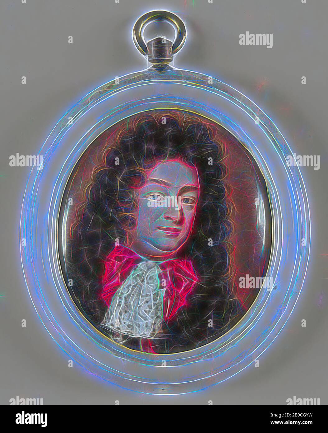 Ritratto di un uomo sconosciuto, Ritratto di un uomo sconosciuto. Precedentemente interpretato come un ritratto di Luigi di Borbone (1661-1711), delfino di Francia, figlio di Luigi XIV Busto, leggermente a destra, di fronte. Parte della collezione di ritratti in miniatura, persone storiche non conosciute per nome, Jean Petitot (le jeune) (attribuito a), Francia, 1670 - 1680, oro (metallo), avorio, h 3,9 cm × w 3 cm × d 0,4 cm, reimmaginata da Gibon, design di calore allegro di luminosità e raggi di luce radianza. Arte classica reinventata con un tocco moderno. Fotografia ispirata al futurismo, che abbraccia l'energia dinamica del moderno Foto Stock