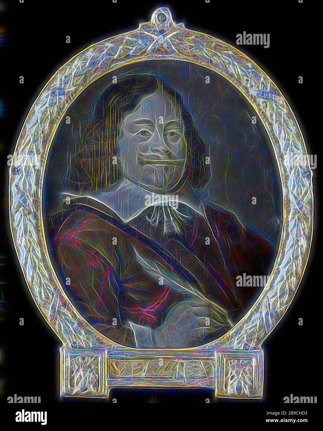 Ritratto di Joannes si raffredda (nato nel 1611), giurista, storico e poeta latino a Hoorn, Ritratto di Joannes si raffredda (nato nel 1611). Avvocato, storico e poeta latino a Hoorn. Busto ovale, a destra, penna a destra. Parte di una raccolta di ritratti di poeti olandesi, ritratto di uno scrittore, scrittore, poeta, autore, Joannes raffredda, Arnoud van Halen, 1700 - 1732, pittura ad olio (vernice), h 11 cm × w 9,5 cm h 41,2 cm × w 47,4 cm × d 1,6 cm, reimmaginata da Gibon, design di calore allegro di luminosità e raggi di luce radianza. Arte classica reinventata con un tocco moderno. Fotografia ispirata al futurismo, emb Foto Stock