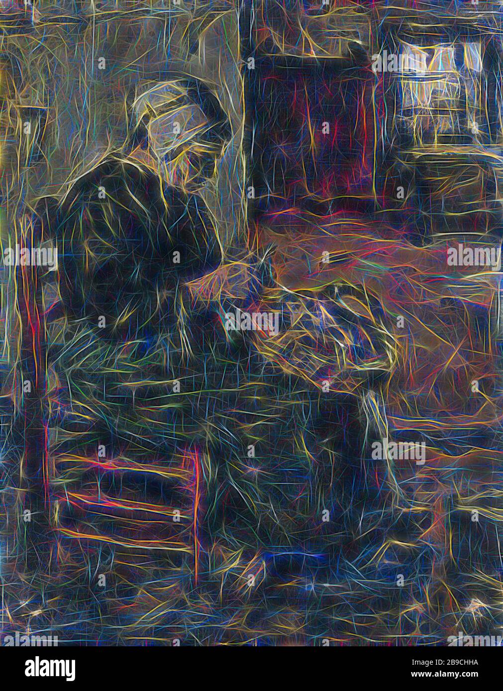 Contadino Donna Peeling patate, interno con moglie di un contadino che si spellano le patate mentre si siede su una sedia. A destra uno sguardo attraverso ad un'altra stanza, patate, verdure di pulizia, Suze Robertson, 1875 - 1922, pannello, vernice ad olio (vernice), h 26.2 cm × w 21 cm d 5.5 cm, Reimagined by Gibon, disegno di calore allegro di luminosità e raggi di luce radiance. Arte classica reinventata con un tocco moderno. La fotografia ispirata al futurismo, che abbraccia l'energia dinamica della tecnologia moderna, del movimento, della velocità e rivoluziona la cultura. Foto Stock