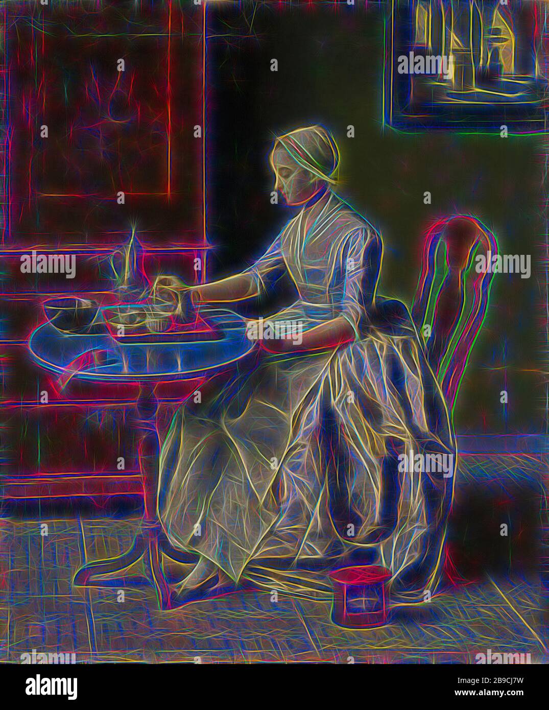 Ragazza olandese a colazione una ragazza olandese a colazione, una giovane  donna, sobriamente vestito al tavolo, versa il caffè da una caraffa di  ottone in una tazza di porcellana. La stuoia di