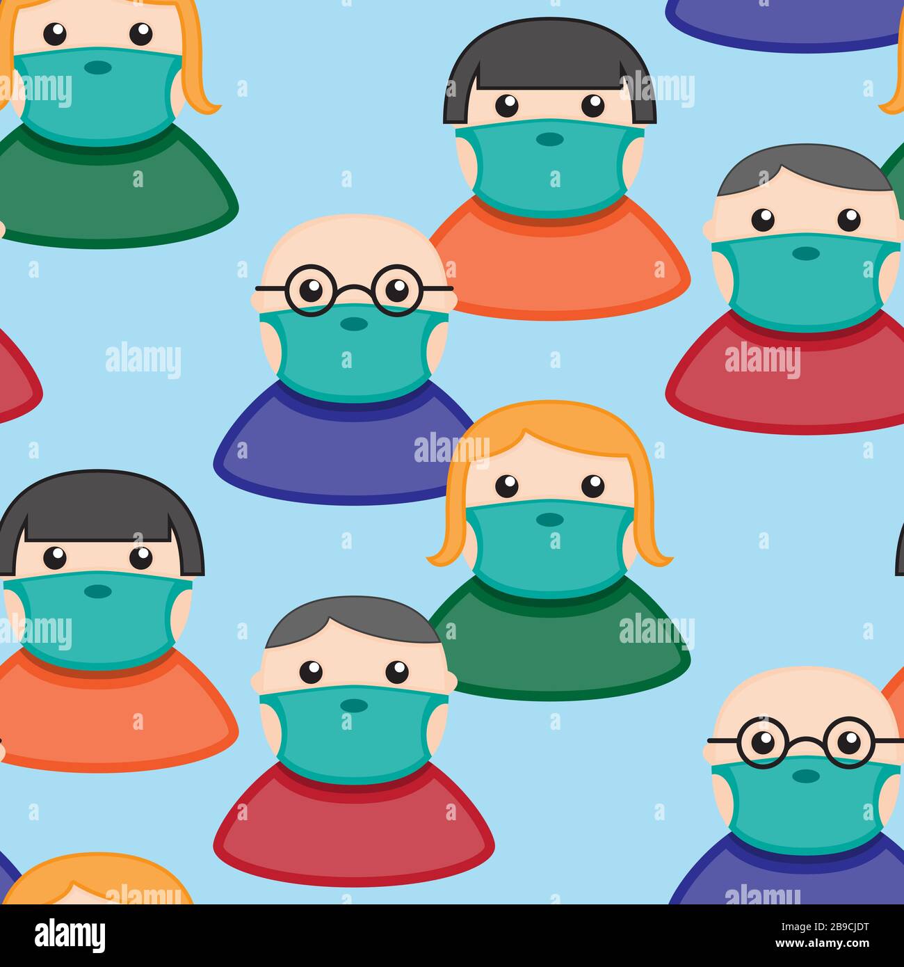 Modello senza cuciture di persone in maschere mediche protettive su sfondo blu. Immagine vettoriale Illustrazione Vettoriale