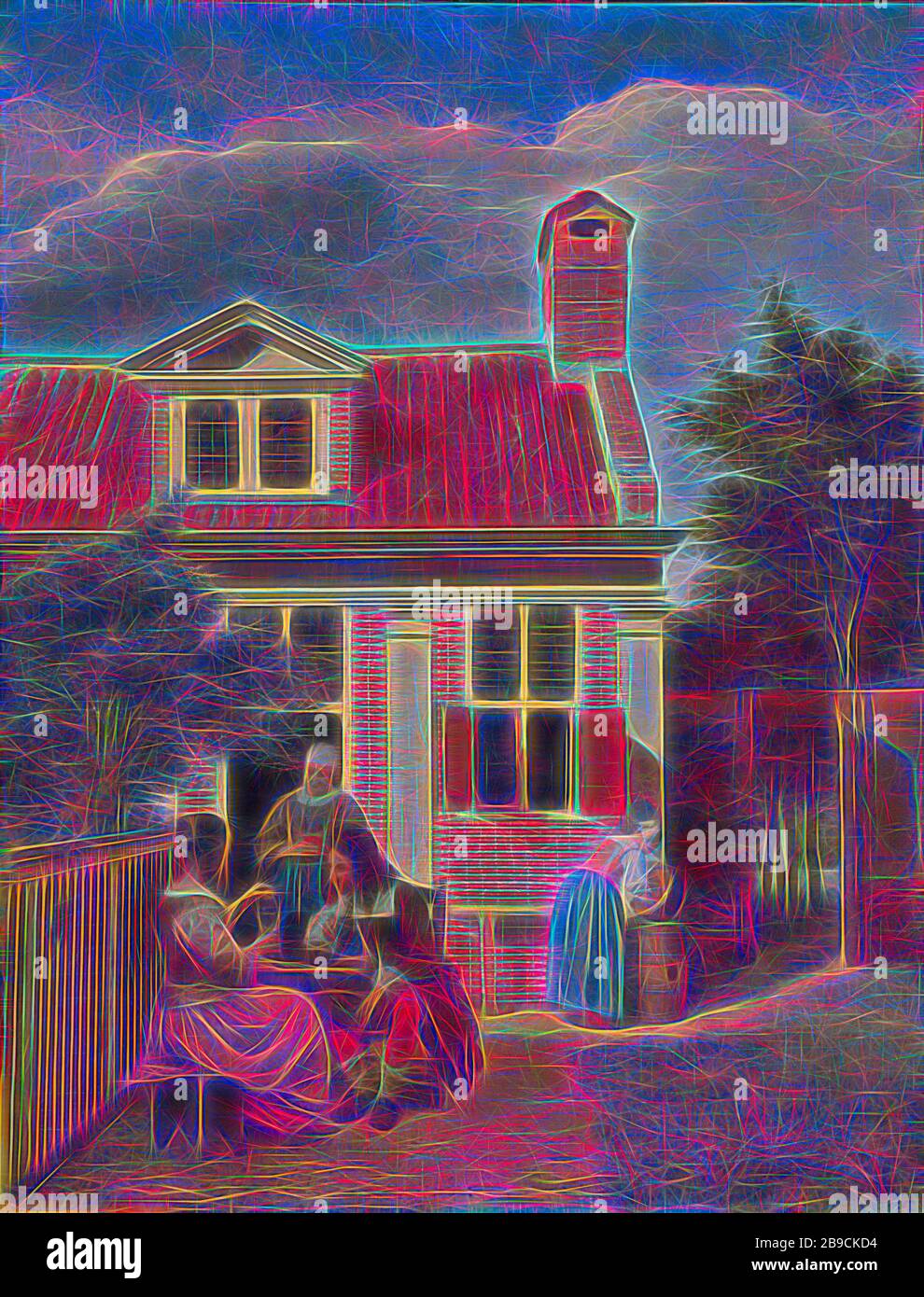 Figure in un cortile dietro una casa, tre donne e un uomo nel cortile dietro una casa, un'azienda nel posto dietro una casa. Nel giardino dietro una casa, un uomo e una donna sono seduti a un tavolo. L'uomo ha una pipa in mano, la donna stringe un limone sopra il suo roemer con il vino. Dietro la coppia c'è una donna con un bicchiere di birra. A destra una cameriera scrapa un grande bollitore di rame sopra un barile di legno, cortile, bicchiere di vino, tubo, tabacco, cameriera, personale della casa, Pieter de Hooch, c. 1663 - c.. 1665, tela, pittura ad olio (vernice), h 60 cm × w 45,7 cm, Reimagined by Gibon, disegno di calda che Foto Stock