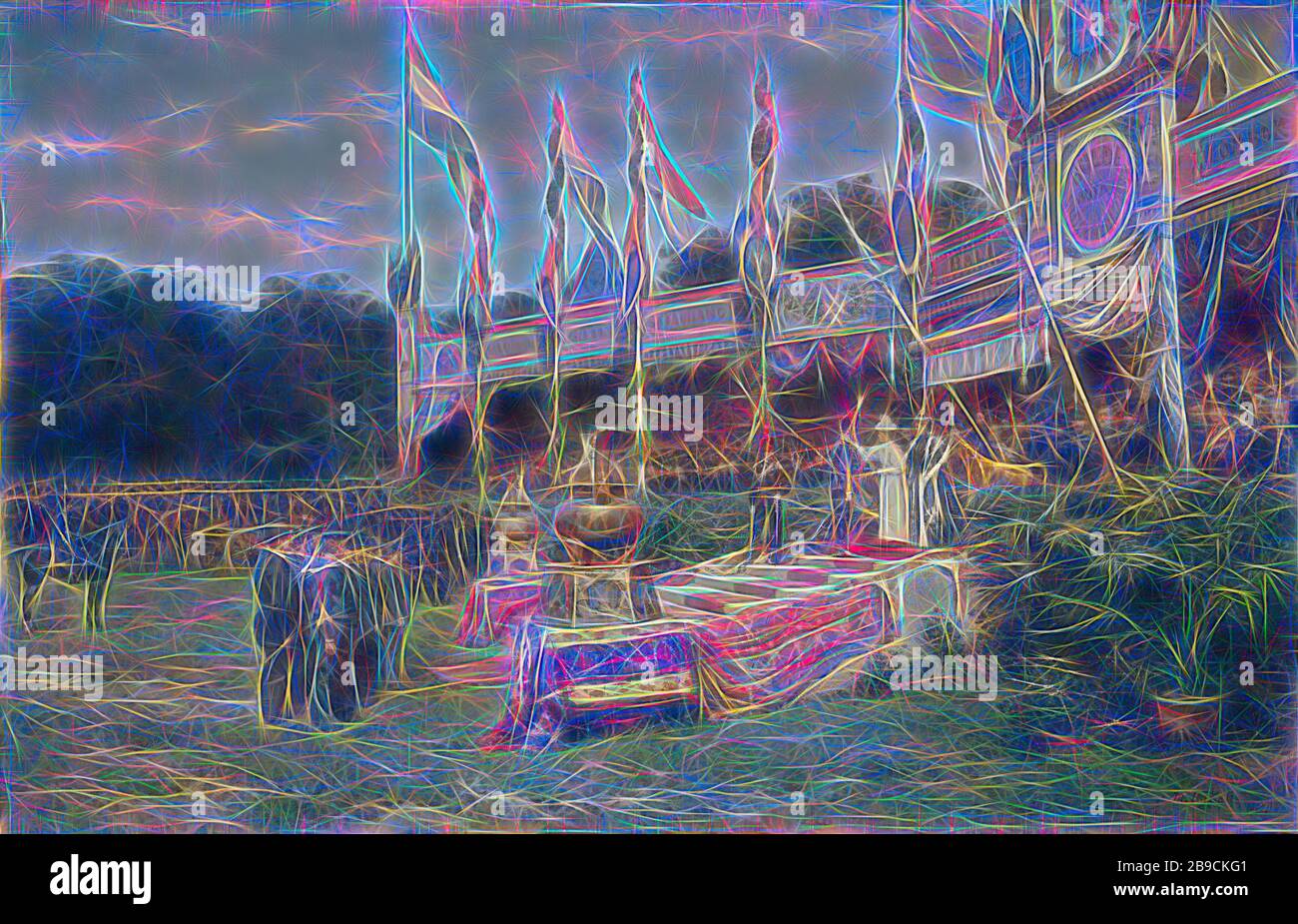 Presentazione della croce di Lombok da parte della regina Wilhelmina sulla Malieveld a l'Aia, 6 luglio 1895, 1895. Sulla destra la grande impalcatura con la regina, Emma, e tutti i dignitari e gli ospiti. Sul lato sinistro del campo si trovano coloro che si distinguono, in fondo cavalleria, Malieveld (l'Aia), Lombok, Paesi Bassi, Malieveld, l'Aia, Wilhelmina (Regina dei Paesi Bassi), Mari ten Kate, lug-1895 - 31-dic-1895, dipinto ad olio (vernice), tela, h 66,5 cm × w 103 cm d 8,3 cm, Reinventata da Gibon, design di calda luce allegra di luminosità e raggi di luce radianza. Arte classica reinventata Foto Stock