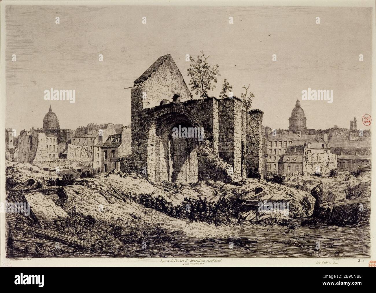 ROVINE DELLA CHIESA DI SAINT MARCEL STREET MOUFFETARD ALFRED-ALEXANDRE DELAUNEY. "Ruines de l'église Saint-Marcel, rue Mouffetard". Gravure. Parigi, musée Carnavalet. Foto Stock