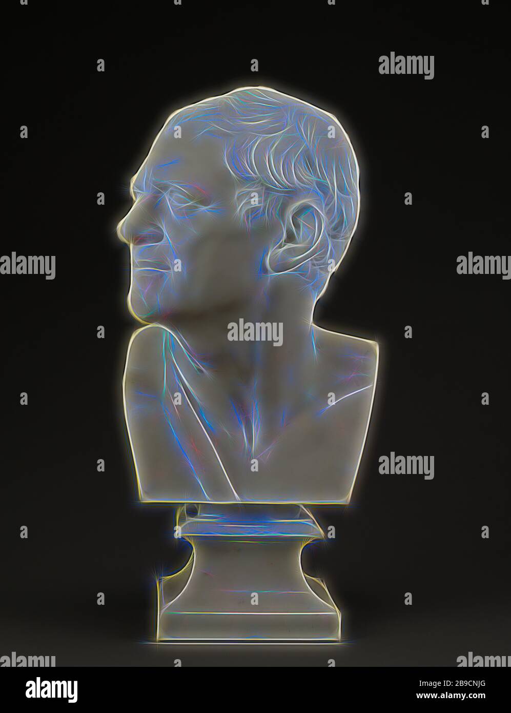 Busto di un uomo, Joseph Wilton (inglese, 1722 - 1803), Inghilterra, 1758, marmo, 59,7 cm (23 1,2 in, Reimagined da Gibon, disegno di calore allegro luce di luminosità e raggi di luce radianza. Arte classica reinventata con un tocco moderno. La fotografia ispirata al futurismo, che abbraccia l'energia dinamica della tecnologia moderna, del movimento, della velocità e rivoluziona la cultura. Foto Stock