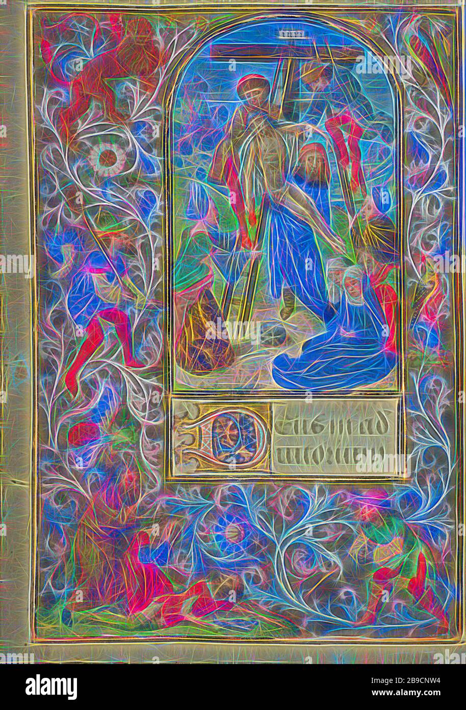 La deposizione, Vienna Maestro di Maria di Borgogna (fiammingo, attivo circa 1470 - circa 1480), Gand (scritto), Belgio, circa 1471, colori Tempera, foglia d'oro, vernice d'oro, vernice d'argento, e inchiostro su pergamena, foglia: 12,4 × 9,2 cm (4 7,8 × 3 5,8 poll., Reimagined by Gibon, design di calore allegro di luminosità e raggi di luce radianza. Arte classica reinventata con un tocco moderno. La fotografia ispirata al futurismo, che abbraccia l'energia dinamica della tecnologia moderna, del movimento, della velocità e rivoluziona la cultura. Foto Stock