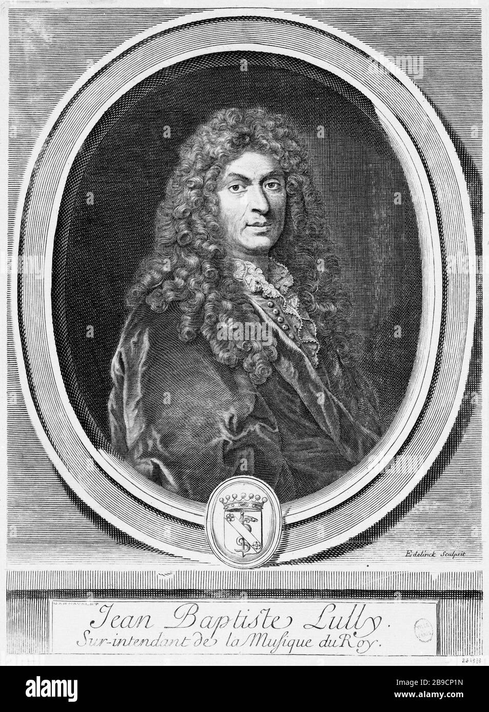 JEAN-BAPTISTE LULLI DI Edelinck Jean-Baptiste Lulli (1632-1687), compositeur français. Gravure d'Edelinck. Parigi, musée Carnavalet. Foto Stock