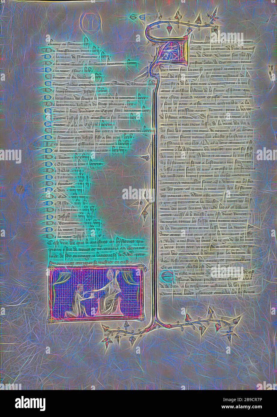 Peter Comestor presenta una lettera all'Arcivescovo di Sens, Maestro di Jean de Mandeville (francese, attivo 1350 - 1370), Parigi, Francia, 1360 - 1370 circa, colori di Tempera, oro e inchiostro su pergamena, foglia: 34,9 x 26 cm (13 3,4 x 10 1,4 poll., Reimagined by Gibon, design di luce calda e allegra di luminosità e raggi di luce. Arte classica reinventata con un tocco moderno. La fotografia ispirata al futurismo, che abbraccia l'energia dinamica della tecnologia moderna, del movimento, della velocità e rivoluziona la cultura. Foto Stock