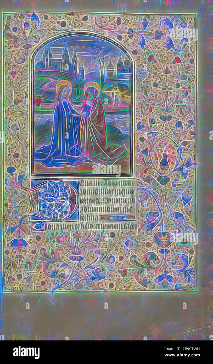 The Visitation, Willem Vrelant (fiammingo, morto nel 1481, attivo nel 1454 - 1481), Bruges, Belgio, primi 1460s, colori Tempera, foglia d'oro, e inchiostro su pergamena, foglia: 25,6 x 17,3 cm (10 1,16 x 6 13,16 pollici, Reimagined by Gibon, design di caldo allegro fascio di luminosità e luce radiante. Arte classica reinventata con un tocco moderno. La fotografia ispirata al futurismo, che abbraccia l'energia dinamica della tecnologia moderna, del movimento, della velocità e rivoluziona la cultura. Foto Stock