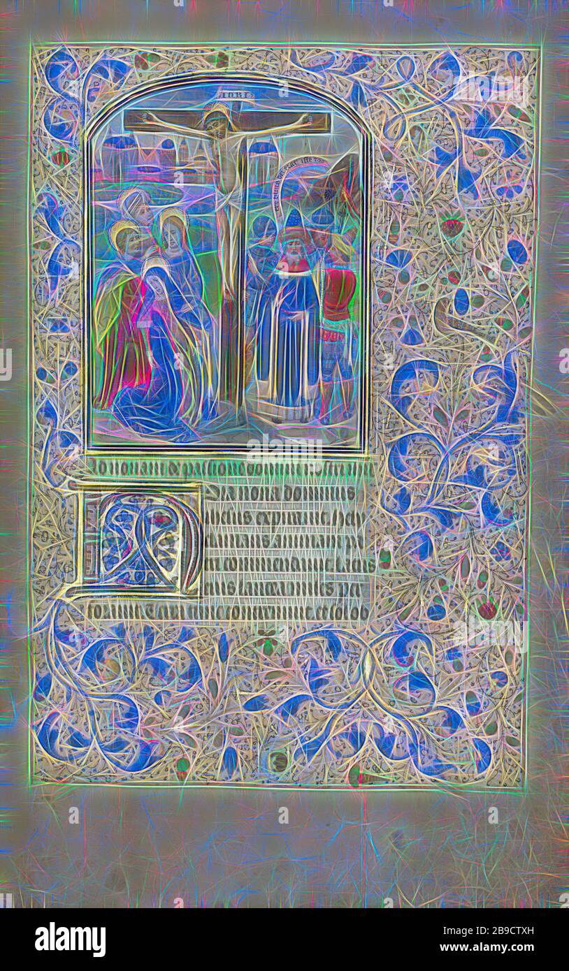 La Crocifissione, Willem Vrelant (fiammingo, morto nel 1481, attivo nel 1454 - 1481), Bruges, Belgio, primi 1460s, colori Tempera, foglia d'oro, e inchiostro su pergamena, foglia: 25,6 x 17,3 cm (10 1,16 x 6 13,16 in, Reimagined by Gibon, disegno di caldo allegro bagliore di luminosità e raggi di luce. Arte classica reinventata con un tocco moderno. La fotografia ispirata al futurismo, che abbraccia l'energia dinamica della tecnologia moderna, del movimento, della velocità e rivoluziona la cultura. Foto Stock