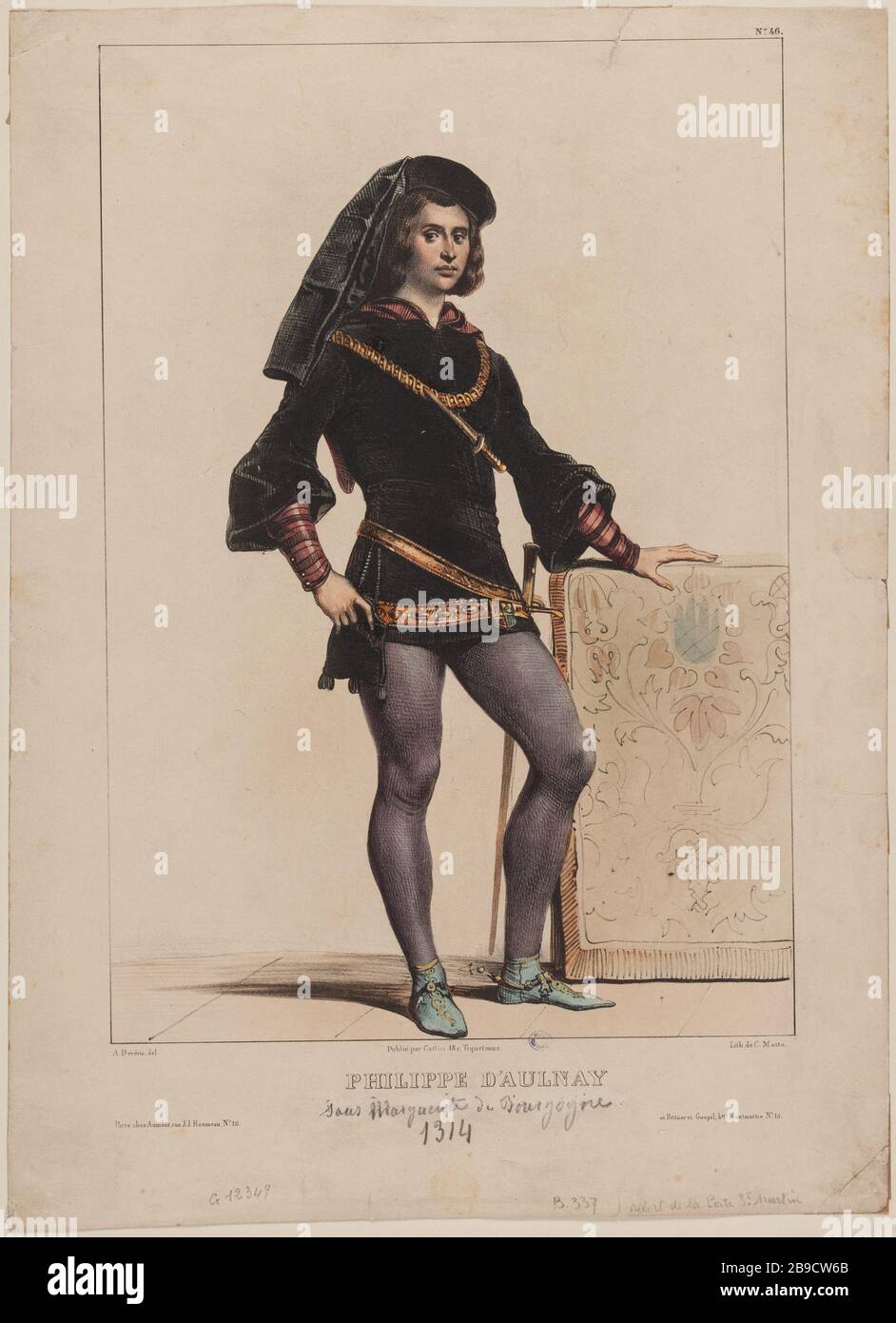 Costumi storici: Albert nel ruolo di Philippe d'Aulnay (1290-1314), Margaret di Borgogna nel 1314, n° 46 Achille Devéria (1800-1857), graveur français et Catier. Costumi storici : M. Albert dans le rôle de Philippe d'Aulnay (1290-1314), sous Marguerite de Bourgogne 1314, N°46. Lithographie coloriée et gommée sur papier, 1831. Parigi, musée Carnavalet. Foto Stock