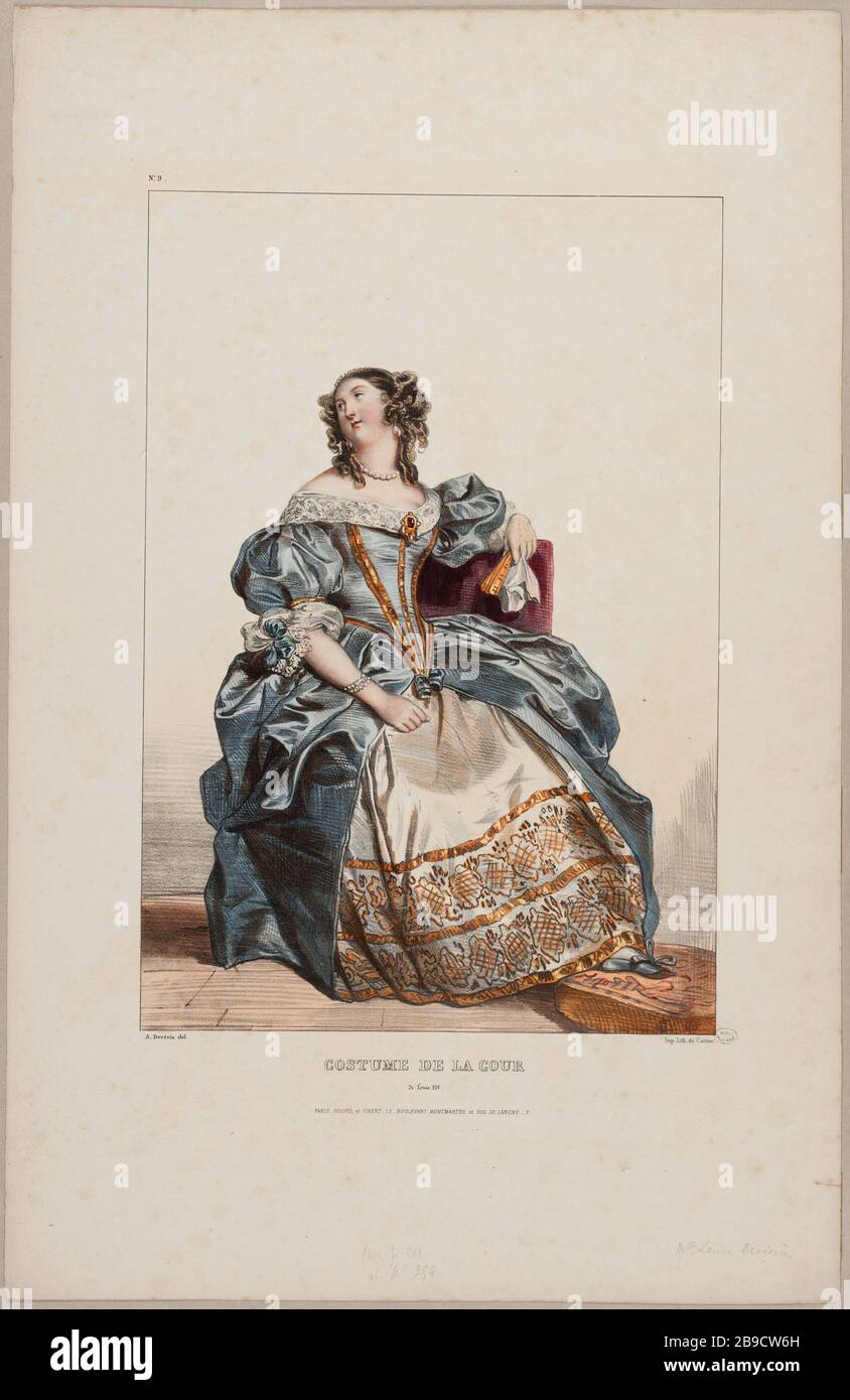 Costumi storici: Costume della corte di Luigi XIV, n° 9 Achille Devéria (1800-1857), graveur français, et Catier. Costumi storici : Costume de la cour de Louis XIV, N° 9. Lithographie coloriée et gommée sur papier, 1831. Parigi, musée Carnavalet. Foto Stock