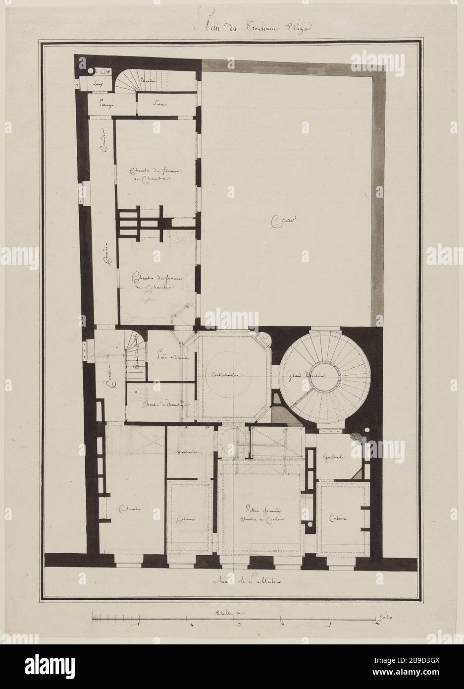 Piano del terzo piano (nella stessa casa via Pelletier) Jean-Benoit-Vincent Barré (1735-1824). Plan du troisième étage. Plan du Troisième étage (de la même maison rue le Pelletier). Lavis di pennacchio. Fin XVIIIe. Parigi, musée Carnavalet. Foto Stock