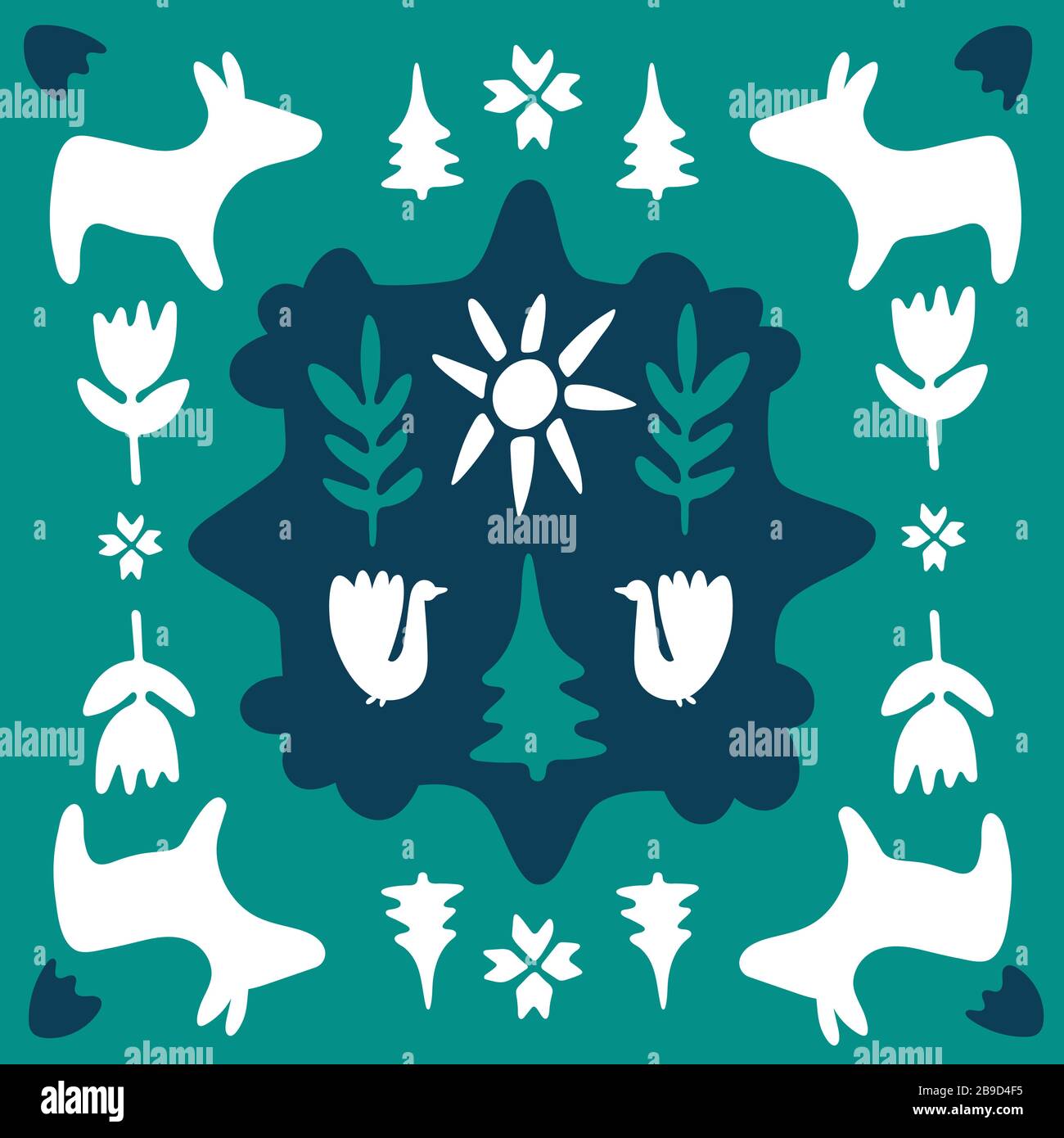 Animali folkloristici da favola. Doodle arte piastrelle quadrate. Forme geometriche tradizionali nei colori blu, verde e bianco. Elementi della clipart, ispirazione finlandese Illustrazione Vettoriale