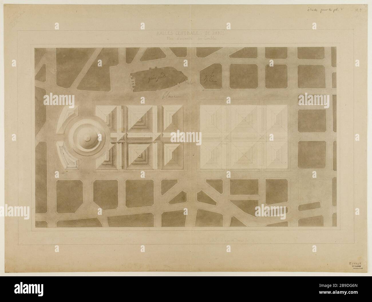 Mercato centrale di Parigi del piano generale della soffitta Victor Baltard (1805-1874). Halles centrales de Paris, plan d'ensemble des combles. Piume crayon lavis. XIXe s.. Parigi, musée Carnavalet. Foto Stock