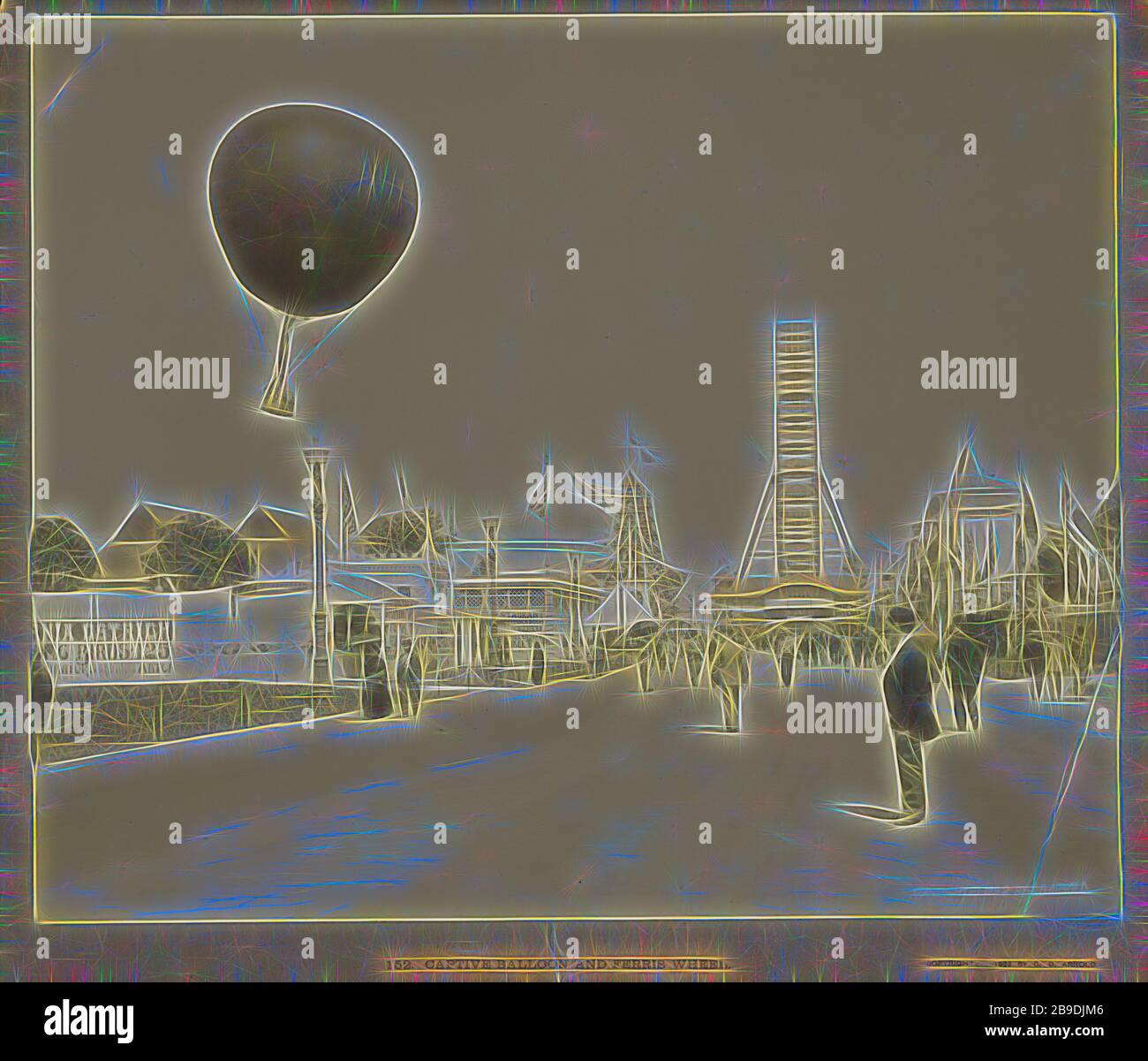 Captive Balloon and Ferris Wheel, World Columbian Exposition, Chicago, Charles Dudley Arnold (American, Born Canada, 1844 - 1927), 1892 - 1893, stampa gelatina argento, 18,1 x 21,6 cm (7 1,8 x 8 1,2 pollici, Reimagined by Gibon, design di calore allegro luminoso e raggi di luce radiance. Arte classica reinventata con un tocco moderno. La fotografia ispirata al futurismo, che abbraccia l'energia dinamica della tecnologia moderna, del movimento, della velocità e rivoluziona la cultura. Foto Stock