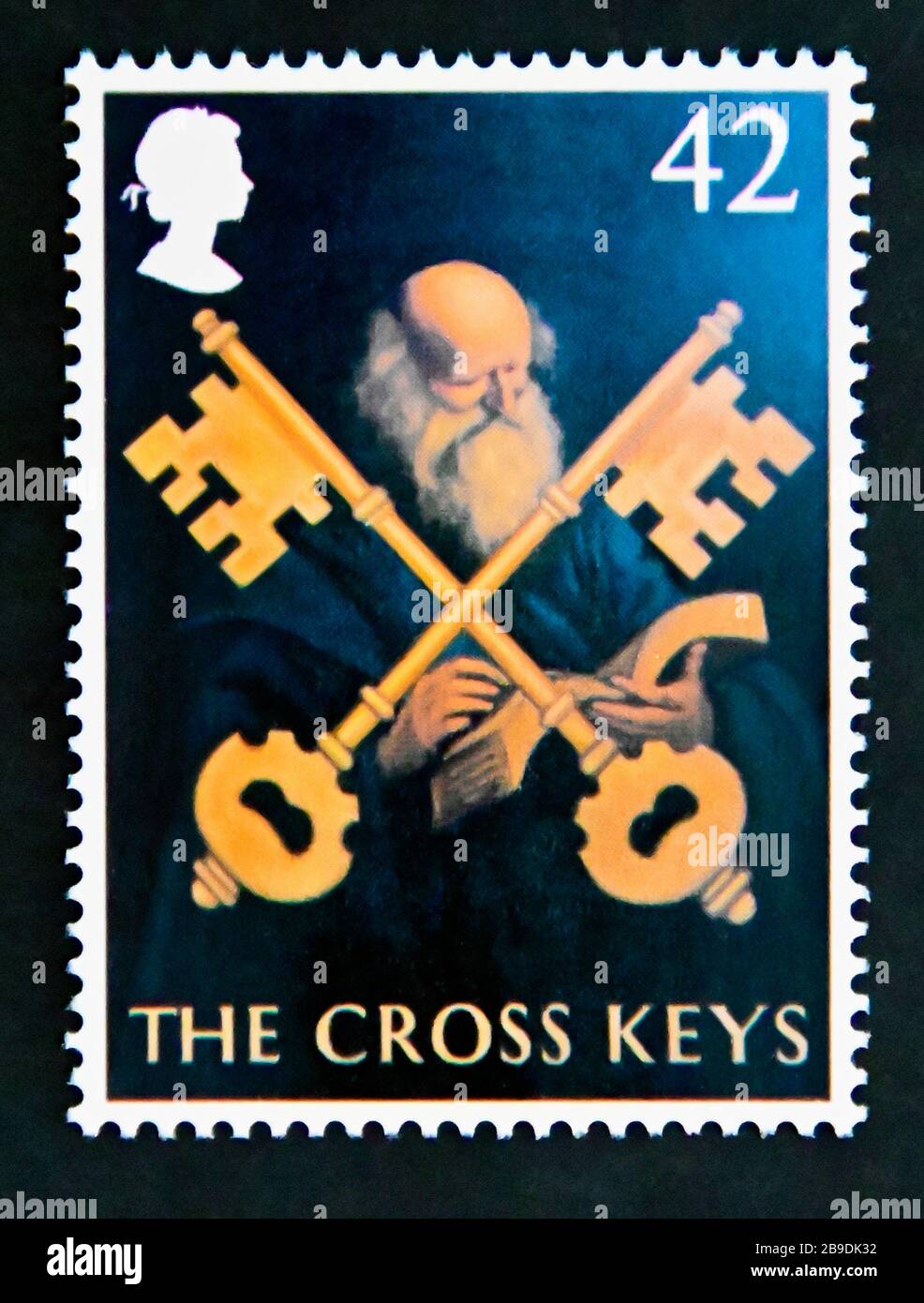 Francobollo. Gran Bretagna. Regina Elisabetta II. Europa. Segni del British Pub. "Le chiavi incrociate" (George Mackenney). 42p. 2003. Foto Stock
