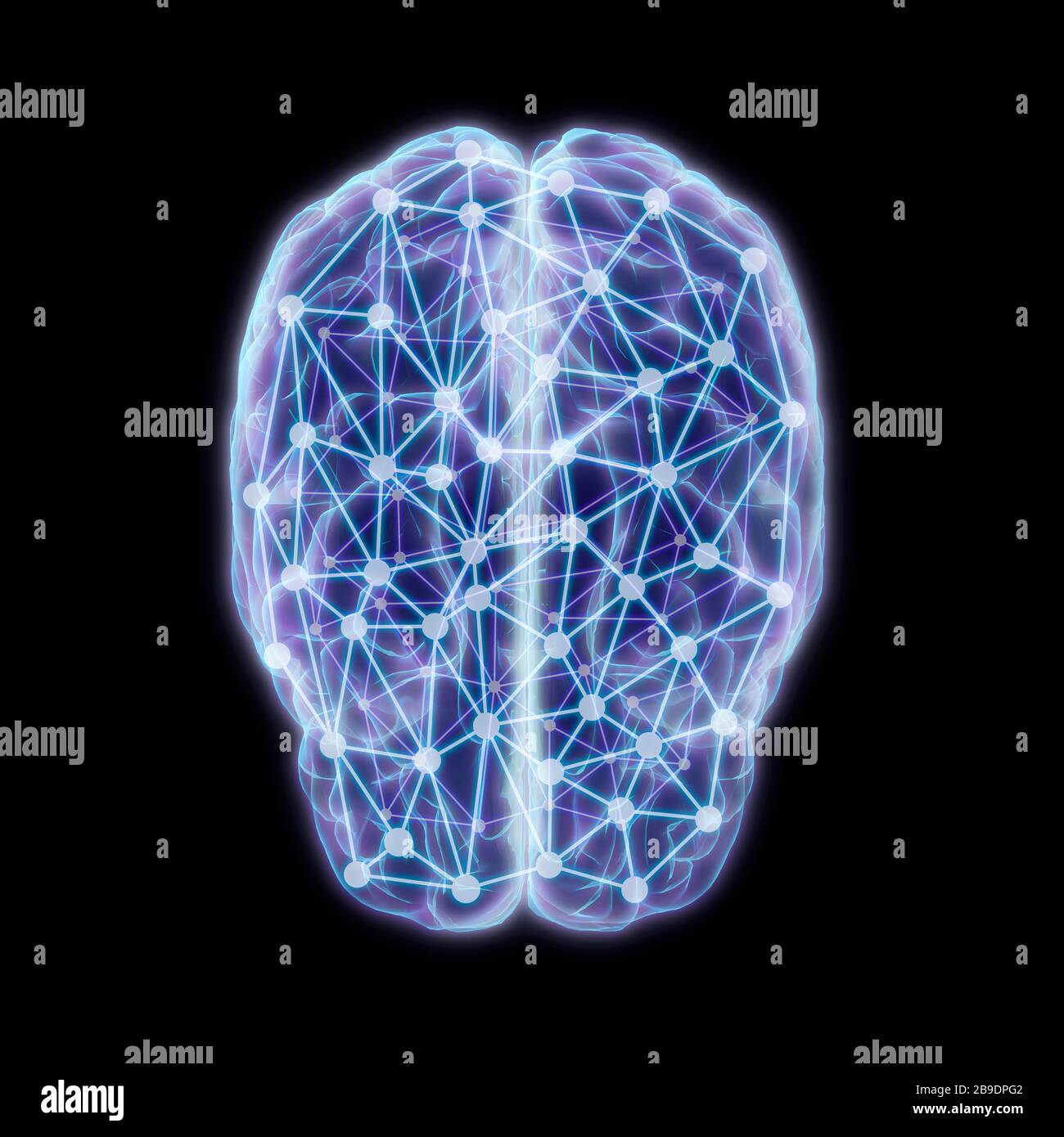 Illustrazione 3D del cervello umano con nodi di rete. Foto Stock