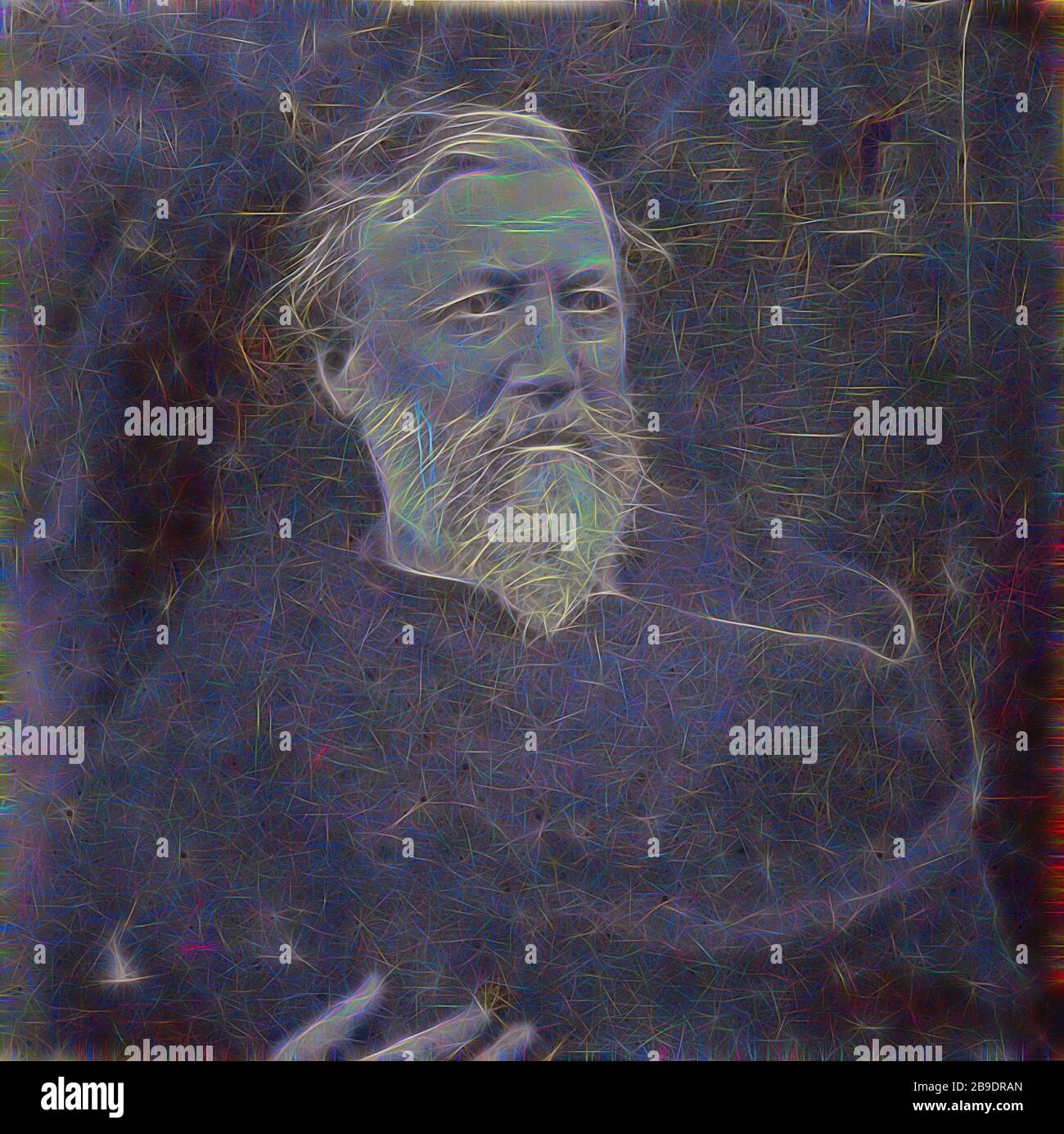 Robert Browning, Julia Margaret Cameron (British, nata India, 1815 - 1879), Londra, Inghilterra, maggio 1865, stampa d'argento albume, Reimagined by Gibon, disegno di calore allegro di luminosità e raggi di luce radianza. Arte classica reinventata con un tocco moderno. La fotografia ispirata al futurismo, che abbraccia l'energia dinamica della tecnologia moderna, del movimento, della velocità e rivoluziona la cultura. Foto Stock