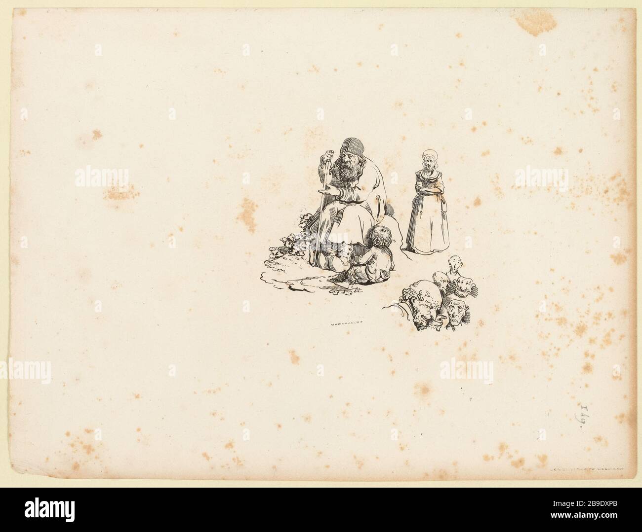 Cinque teste di caricatura a destra di un foglio di disegno (1824) (IFF 136) (titolo fittizio) Foto Stock