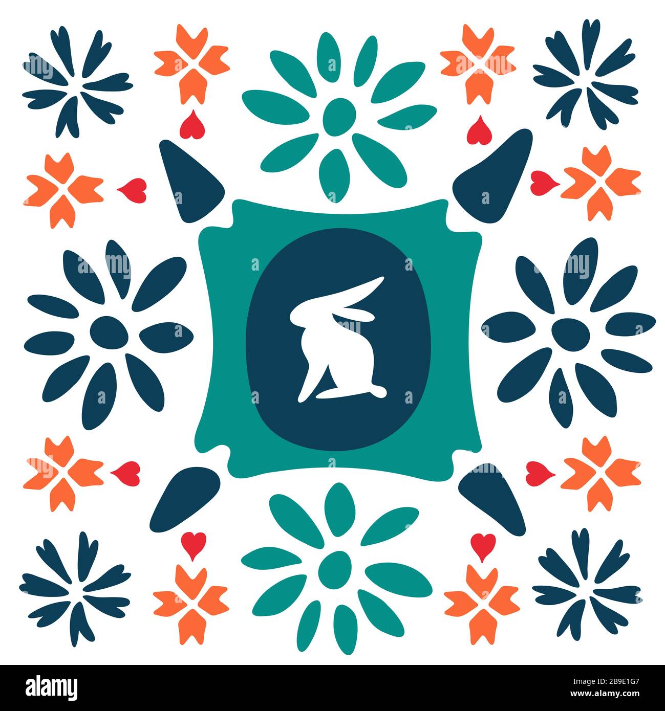 Lepre nel telaio. Fiori e saluti. Piastrelle piazza arte popolare. Stile scandinavo con conigli e natura. Sfondo etnico. Clipart folcloristiche Illustrazione Vettoriale