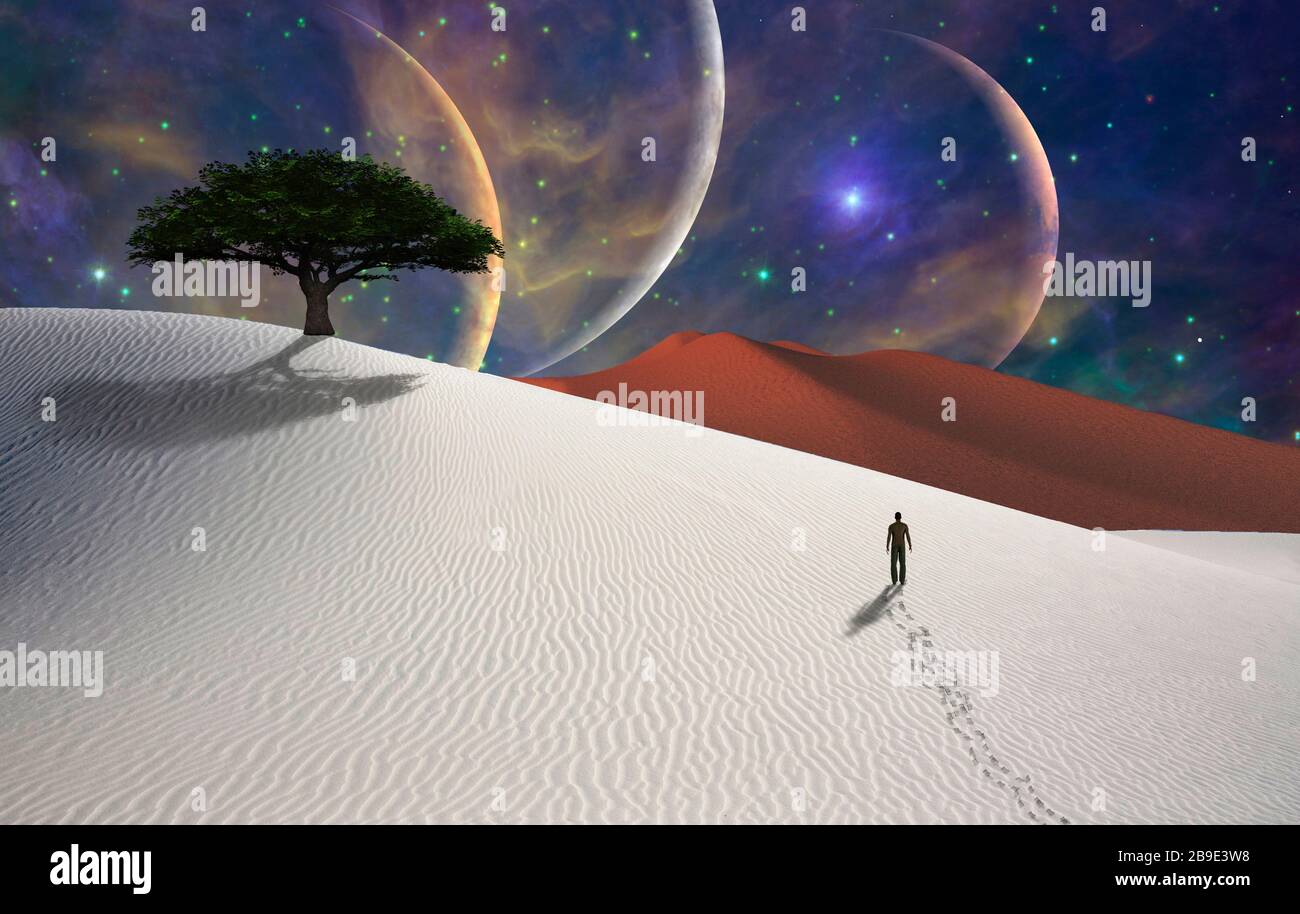 Deserto bianco su pianeta alieno. Albero verde e figura di un uomo a distanza. Foto Stock