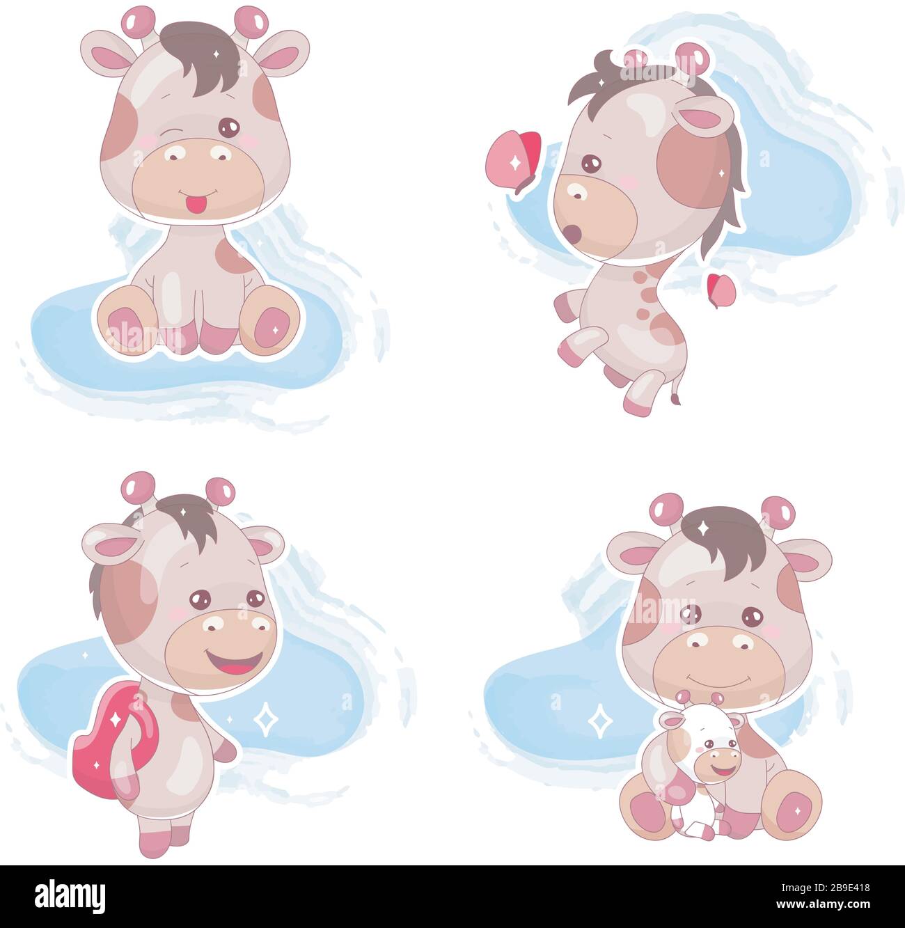 Carino giraffe kawaii cartoni animati set di personaggi vettoriali Illustrazione Vettoriale