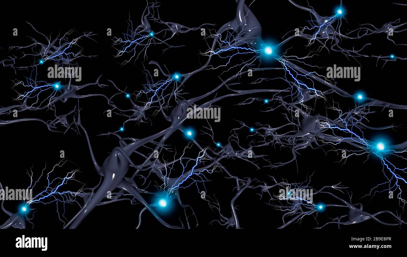 Cellule cerebrali con attivazione elettrica di neuroni. Foto Stock