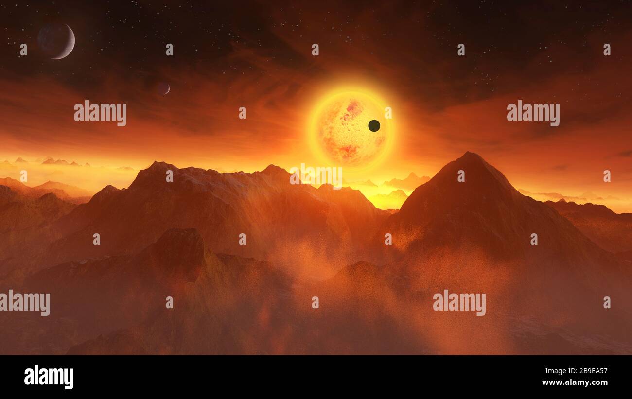 Una stella nana rossa si pone su un terreno montuoso di un sistema exoplanet. Foto Stock