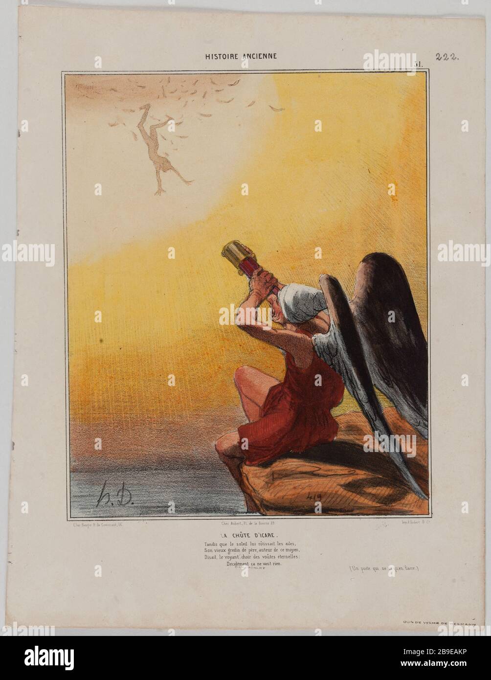 Storia Ancienne./31./la caduta di Icarus. Honoré Daumier (1808-1879). Histoire Ancienne. "La chûte d'Icare". Planche 31. Lithographie en couleur. Parigi, musée Carnavalet. Foto Stock