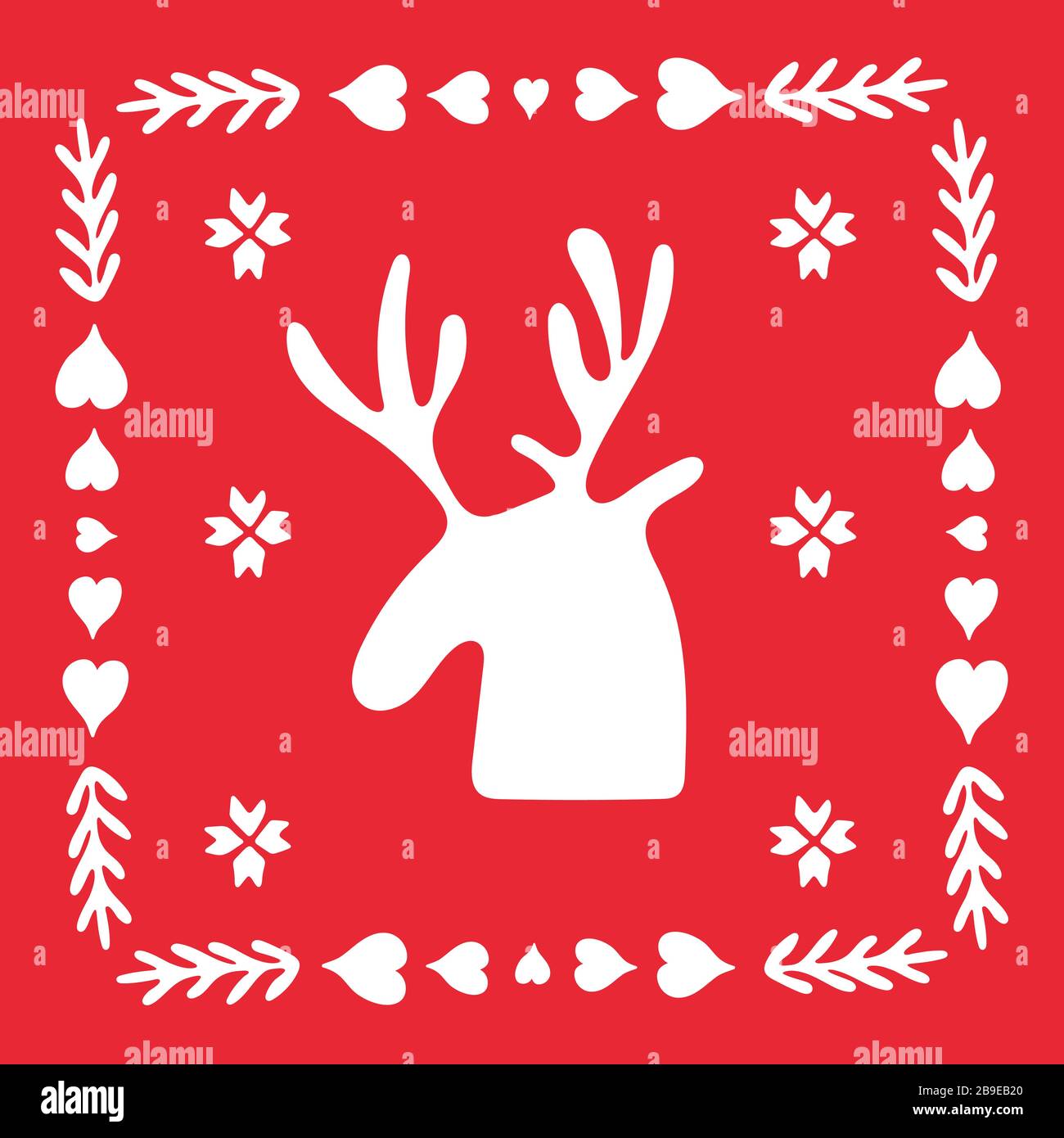 Natale cervi folcloristico doodle art. Piastrella quadrata. Stile scandinavo con forme geometriche tradizionali in festosi colori rosso e bianco. Clipart folcloristiche Illustrazione Vettoriale
