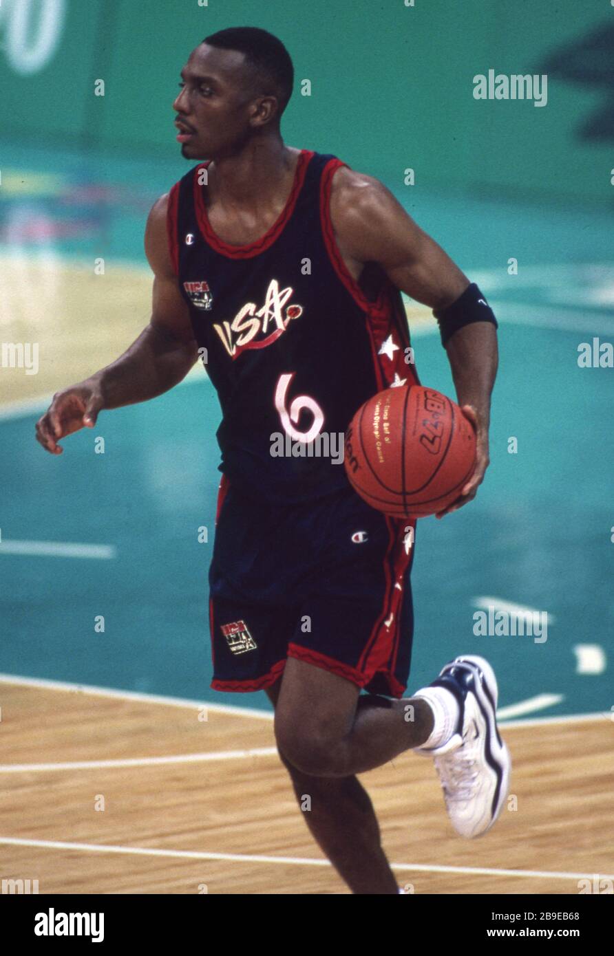 Atlanta, Stati Uniti. 2020 marzo 22. Primo: 1996 luglio 96 Sport, pallacanestro, uomini, Olimpiadi maschili, Olimpiadi estive, Atlanta, 1996, 87, vecchie immagini, USA vince la medaglia d'oro USA - Angola 54:1994 Anfernee Hardaway, mezza figura, 4x NBA All-Star, NBA Rookie ( ) | utilizzo Worldwide Credit: dpa/Alamy Live News Foto Stock