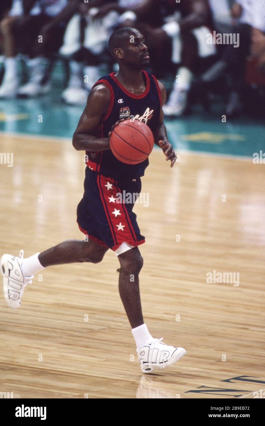 Atlanta, Stati Uniti. 2020 marzo 22. Primo: 1996 luglio 96 Sport, pallacanestro, uomini, Olimpiadi maschili, Olimpiadi estive, Atlanta, 1996, 87, vecchie immagini, USA vince la medaglia d'oro USA - Angola 54:  Gary Payton, figura intera, 9x NBA All-Star | utilizzo Worldwide Credit: dpa/Alamy Live News Foto Stock