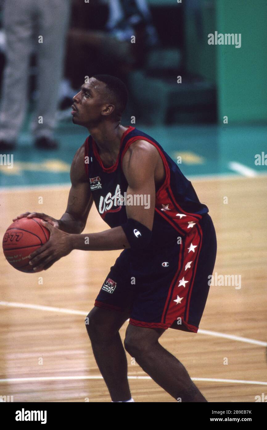 Atlanta, Stati Uniti. 2020 marzo 22. Primo: 1996 luglio 96 Sport, pallacanestro, uomini, Olimpiadi maschili, Olimpiadi estive, Atlanta, 1996, 87, vecchie immagini, USA vince la medaglia d'oro USA - Angola 54:  Gary Payton, metà figura, 9x NBA All-Star | utilizzo Worldwide Credit: dpa/Alamy Live News Foto Stock