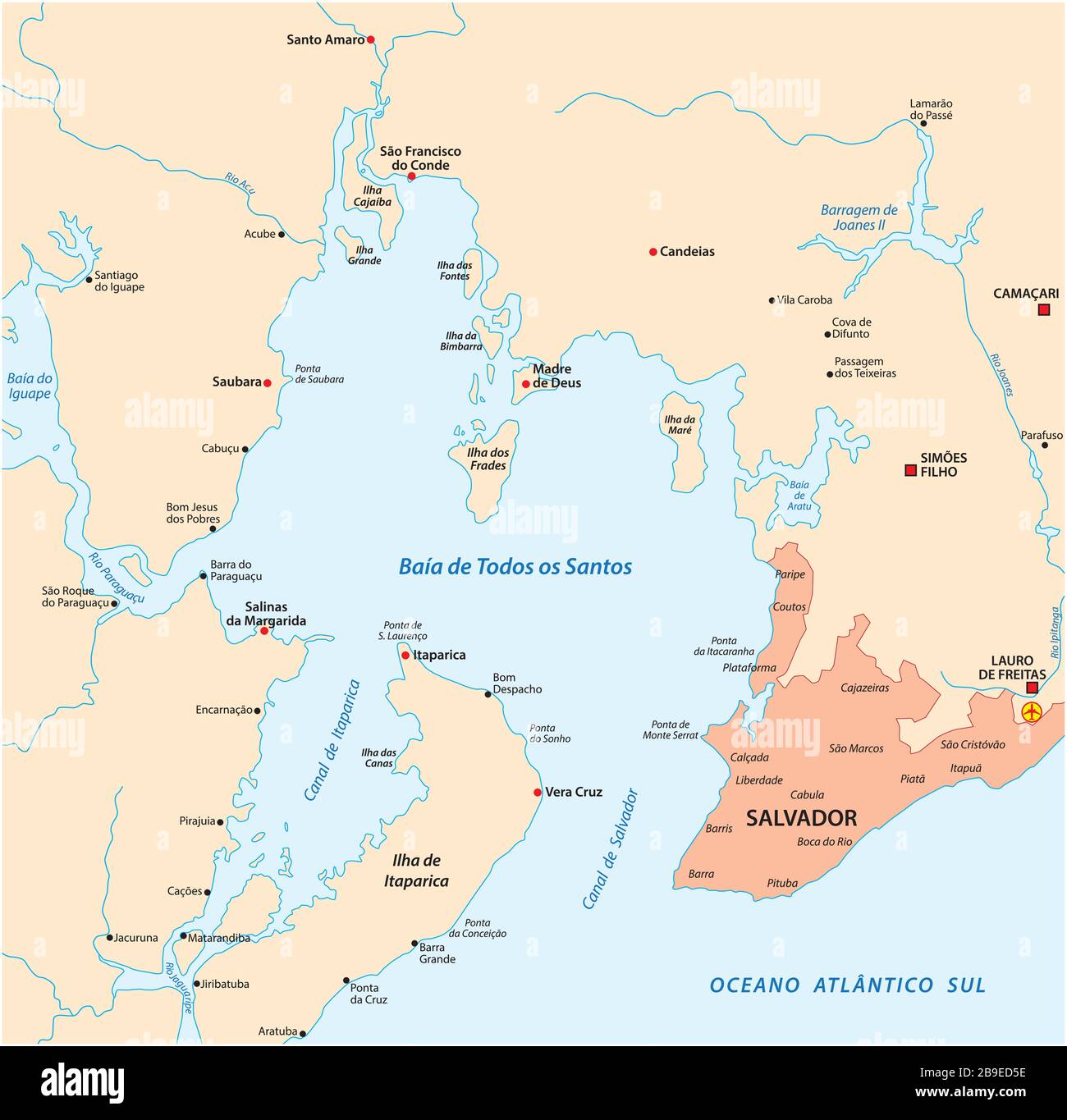 Mappa della Baia di tutti i Santi nello stato brasiliano di Bahia Illustrazione Vettoriale
