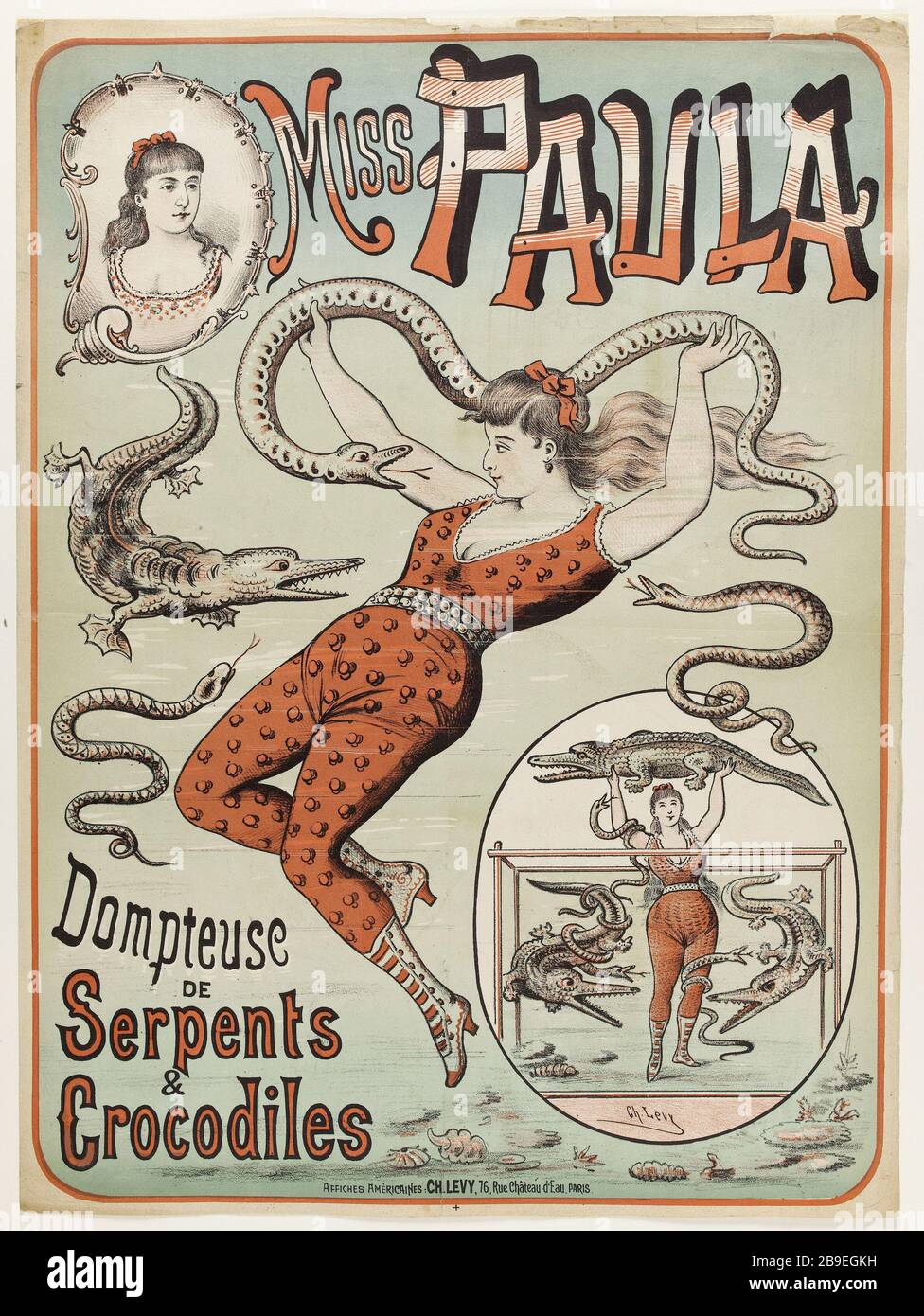 MISS PAULA tamer SERPENTI e COCCODRILLI Charles Lévy. 'Siss Paula dompteuse de serpents & coccodrilles'. Lithographie. 1880-1900. Parigi, musée Carnavalet. Foto Stock