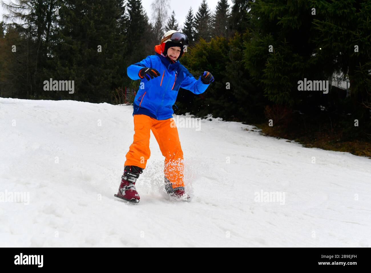 ragazzo pattinare sulla neve su cani da slitta Foto Stock