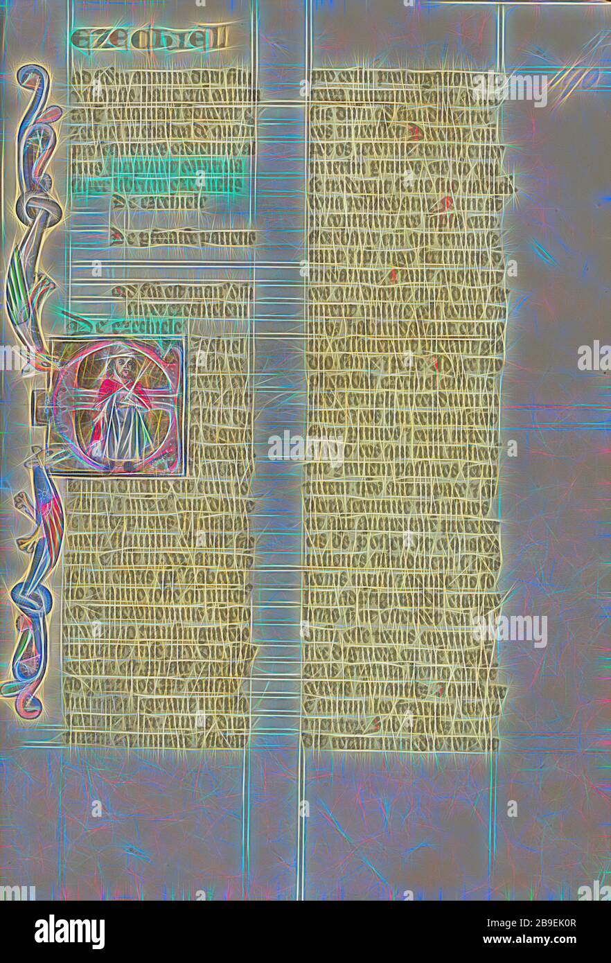 Initial e: Ezechiele, Peter Comestor (francese, circa 1100 - circa 1179), Austria, circa 1300, colori Tempera e foglia d'oro su pergamena, foglia: 34,3 x 24,3 cm (13 1,2 x 9 9,16 in, Reimagined by Gibon, disegno di calore allegro di luminosità e raggi di luce radiance. Arte classica reinventata con un tocco moderno. La fotografia ispirata al futurismo, che abbraccia l'energia dinamica della tecnologia moderna, del movimento, della velocità e rivoluziona la cultura. Foto Stock