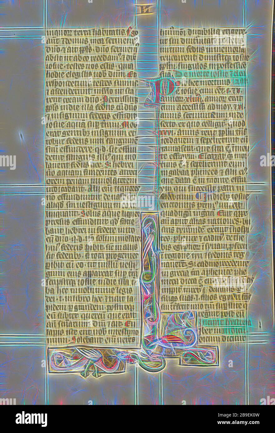 Abitato iniziale L, Peter Comestor (francese, circa 1100 - circa 1179), Austria, circa 1300, colori Tempera e foglia d'oro su pergamena, foglia: 34,3 x 24,3 cm (13 1,2 x 9 9,16 in, Reimagined by Gibon, disegno di calore allegro di luminosità e raggi di luce radianza. Arte classica reinventata con un tocco moderno. La fotografia ispirata al futurismo, che abbraccia l'energia dinamica della tecnologia moderna, del movimento, della velocità e rivoluziona la cultura. Foto Stock
