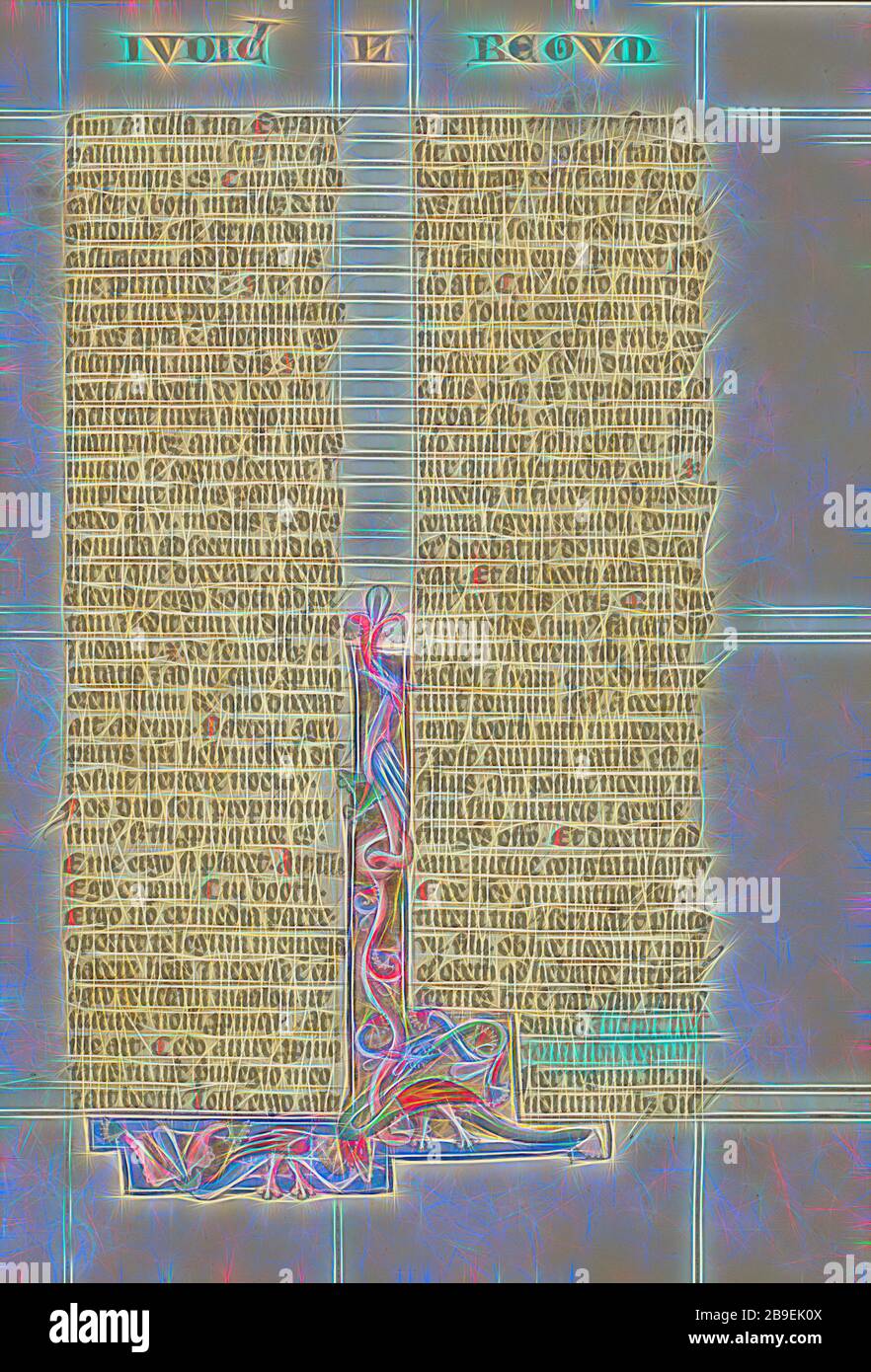 Abitato iniziale L, Peter Comestor (francese, circa 1100 - circa 1179), Austria, circa 1300, colori Tempera e foglia d'oro su pergamena, foglia: 34,3 x 24,3 cm (13 1,2 x 9 9,16 in, Reimagined by Gibon, disegno di calore allegro di luminosità e raggi di luce radianza. Arte classica reinventata con un tocco moderno. La fotografia ispirata al futurismo, che abbraccia l'energia dinamica della tecnologia moderna, del movimento, della velocità e rivoluziona la cultura. Foto Stock