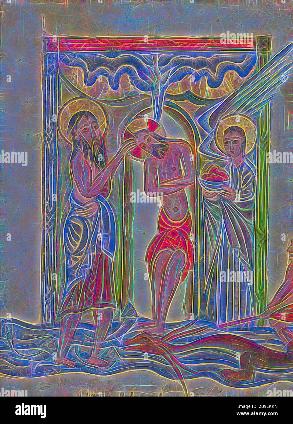 Il Battesimo di Cristo, Mesrop di Khizan (armeno, attivo 1605 - 1651), Isfahan, Persia, 1615, Tempera su carta vetrata, foglia: 22,9 x 17,1 cm (9 x 6 3,4 in, reimmaginata da Gibon, disegno di calore allegro luminoso e luminoso raggi di luce radianza. Arte classica reinventata con un tocco moderno. La fotografia ispirata al futurismo, che abbraccia l'energia dinamica della tecnologia moderna, del movimento, della velocità e rivoluziona la cultura. Foto Stock