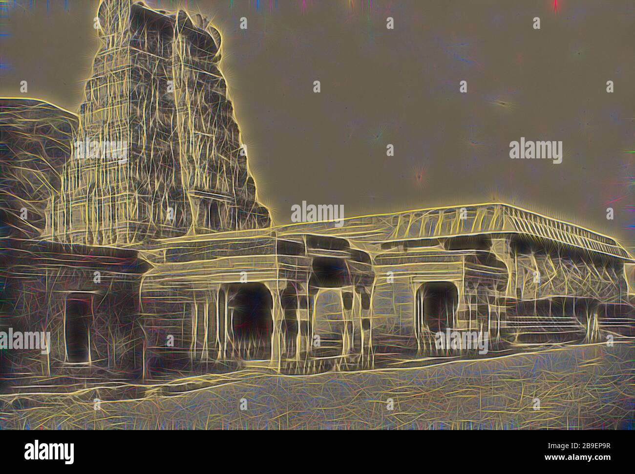 Secunder malese. Therooparungoonrum Pagoda ai piedi della collina, Capt. Linnaeus tripe (inglese, 1822 - 1902), Madura, India, 1858, carta salata stampa da un negativo carta, 25,6 × 37,6 cm (10 1,16 × 14 13,16 in, Reimaged by Gibon, disegno di calore allegre di luminosità e raggi di luce radianza. Arte classica reinventata con un tocco moderno. La fotografia ispirata al futurismo, che abbraccia l'energia dinamica della tecnologia moderna, del movimento, della velocità e rivoluziona la cultura. Foto Stock