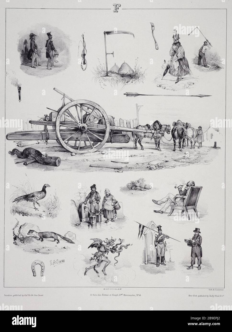 LETTERA F - NOVITÀ IN ABEDAIRE ENIGMES Jean-Victor Adam, dit Victor Adam (1801-1866) /Rittner/Adolphe Goupil (1806-1893)/Joseph Lemercier (1803-1887)/Charles Tilt ou Thilt/Bailly-Ward et Cie Lettre F ; "Nouvel abécédaire en énigmes". Abécédaire. Lithographie, it 1833. Parigi, musée Carnavalet. Foto Stock