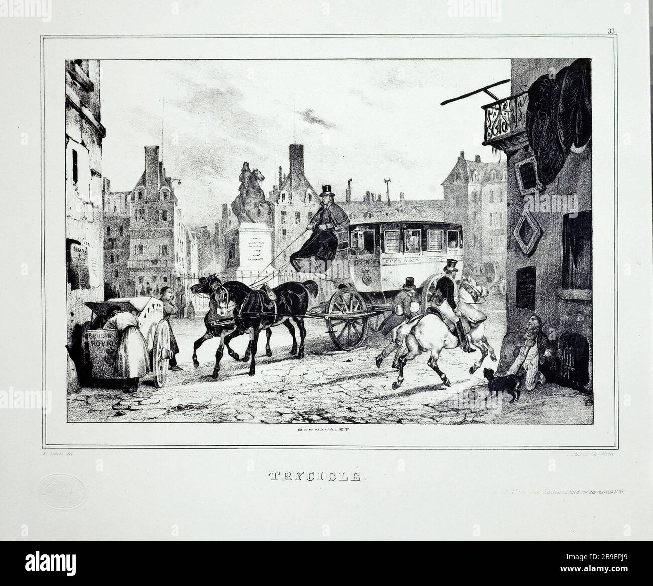 TRICICLO. Nº33. - PANIDOCHEME O TUTTI I TIPI DI AUTO, TERZA SERIE Jean-Victor Adam, dit Victor Adam (1801-1866) /Charles-Etienne-Pierre Motte (1785-1836). Triciclo. Nº 33. Panidochème ou toutes sortes de voitures. 3ème série. Album. Lithographie, 1830. Parigi, musée Carnavalet. Foto Stock