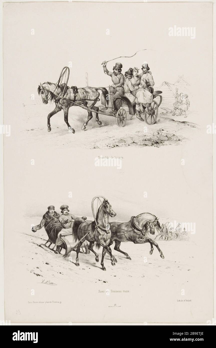 Droschki noleggiato / sani o slitta russo Jean-Victor Adam, dit Victor Adam (1801-1866). "Suite de voitures modernes et de chevaux harnachés (pl.23)". Droschki de louage et sani ou traîneau russe. Lithographie. Parigi, musée Carnavalet. Foto Stock