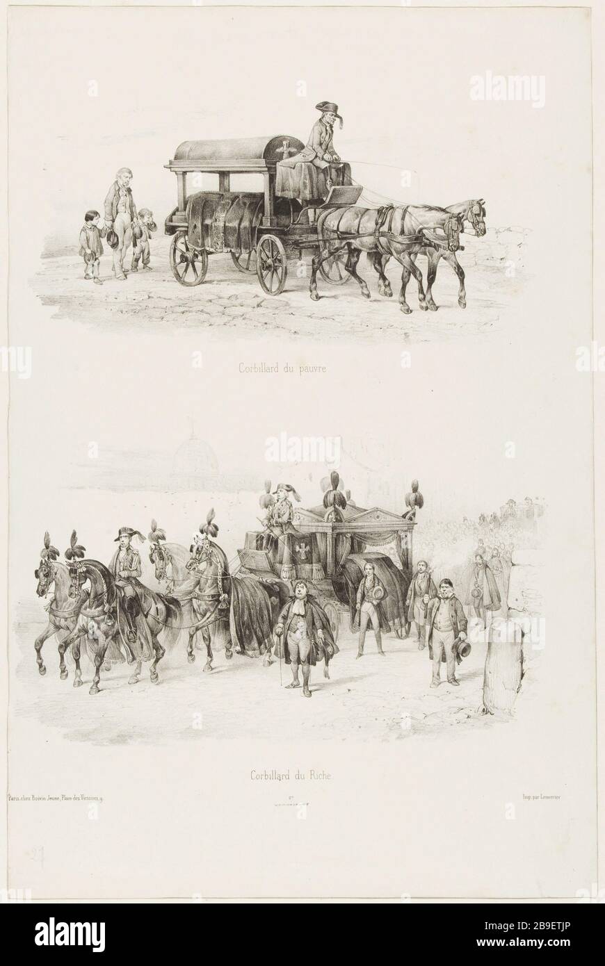 Cuore povero / ricco cuore Jean-Victor Adam, dit Victor Adam (1801-1866). 'Suite de voitures modernes et de chevaux harnachés (pl.27)'.Corbillard du pauvre et corbillard du riche. Lithographie. Parigi, musée Carnavalet. Foto Stock
